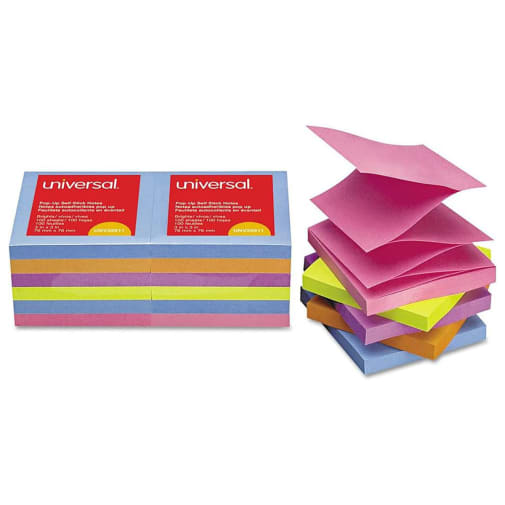 Universal Fan-Folded Self Stick Note Pads, 3"x 3" Assorted Bright Colors, 100 sheets/pad, 12 pads/pack