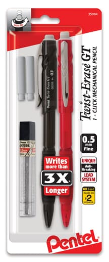 Pentel Twist-Erase GT 1 Click Mechanical Pencil (0.5mm) Assorted Barrels (with lead & erasers ) 2 pack