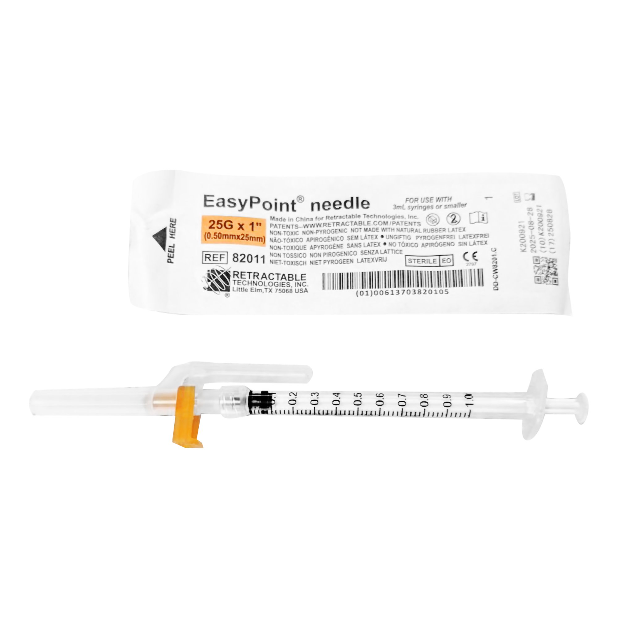 EasyPoint Safety Hypodermic Needle, 25 Gauge, 1 Inch Length MK 1047261