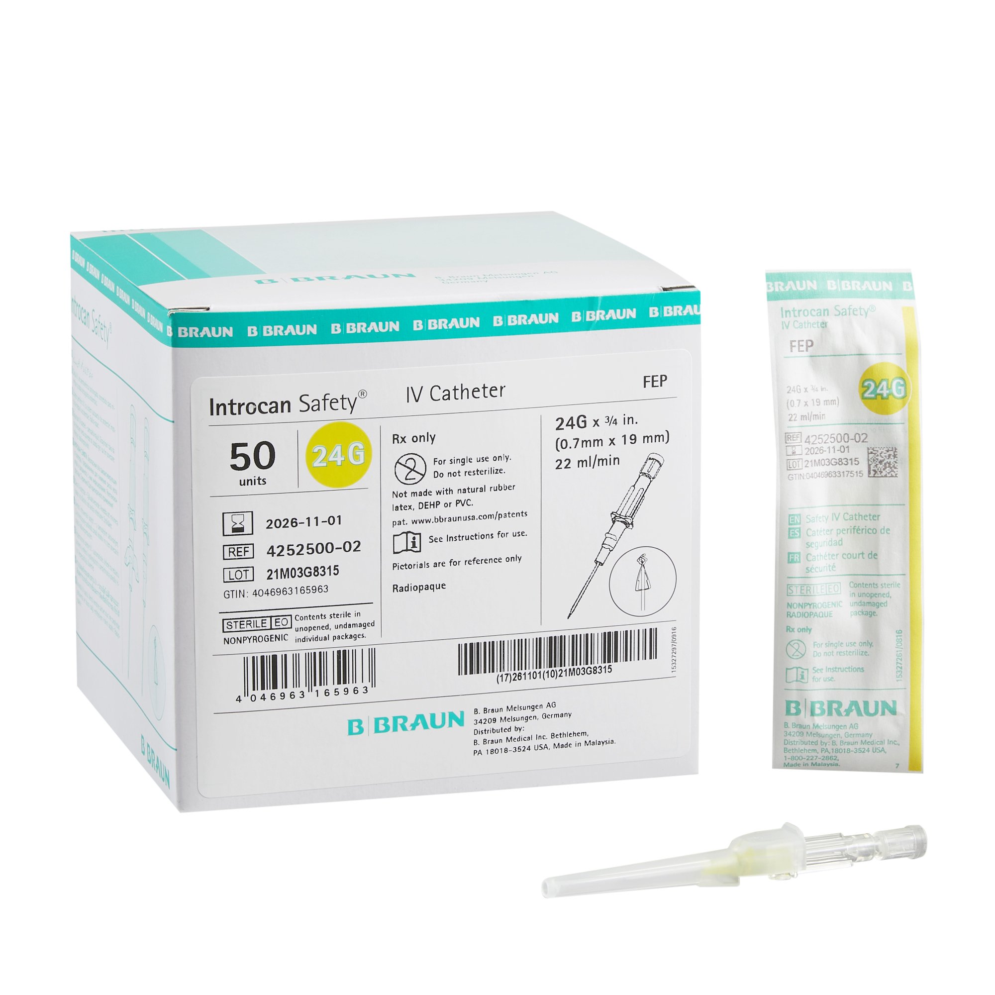 Introcan Safety Peripheral IV Catheter, 24 Gauge, Straight MK 628807