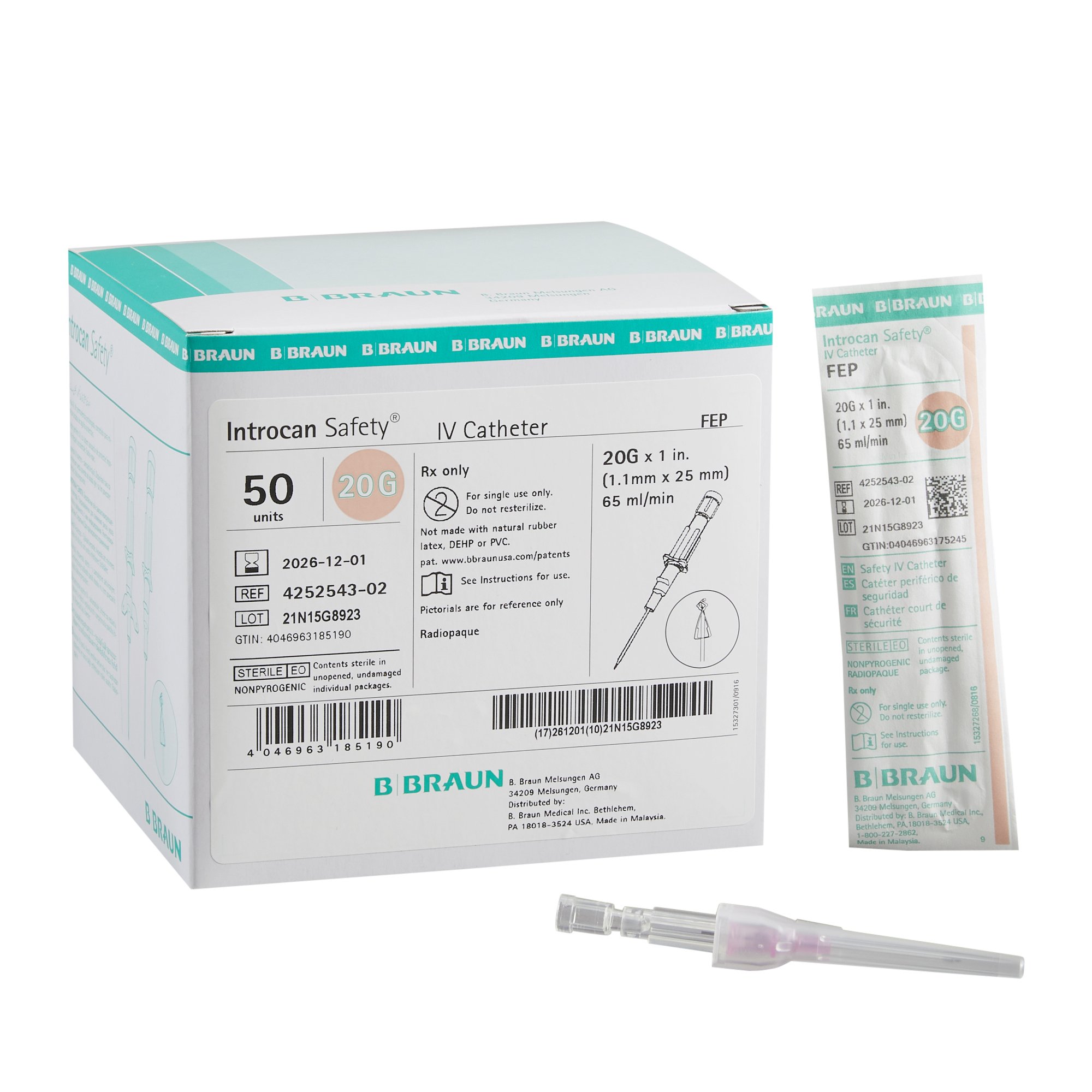 Introcan Safety Peripheral IV Catheter, 20 Gauge, Straight MK 629114
