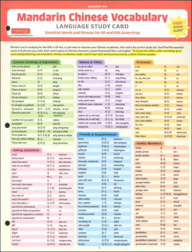 Mandarin Chinese Vocabulary Language Study Card