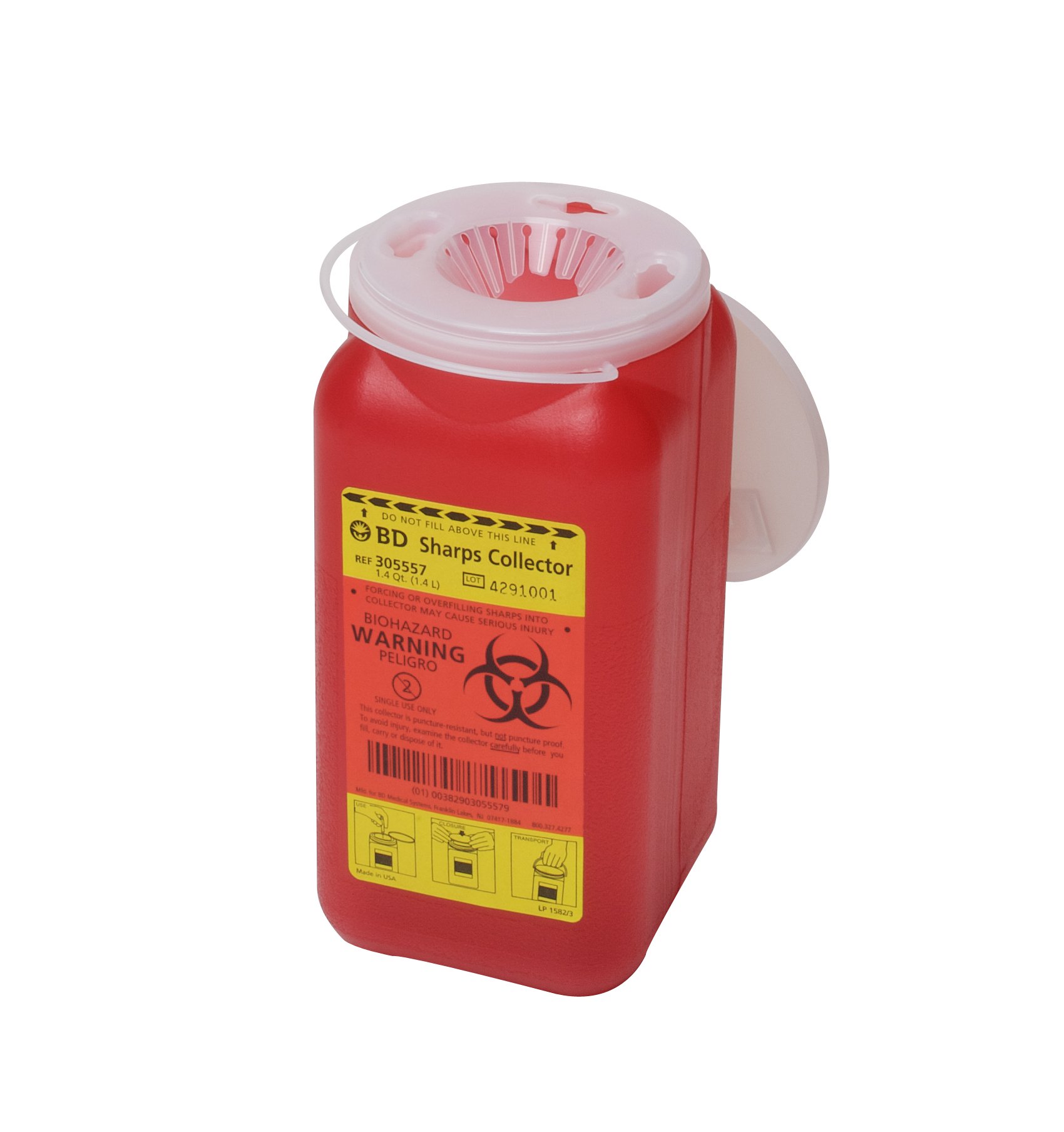 BD Red Sharps Container, 1.4 Quart, 7 x 3 x 3 Inch MK 402172