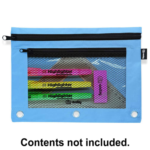 Pencil Pouch, Double Zipper 3-Ring with Mesh Window - Blue