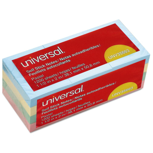 Universal Self Stick Note Pads, 1.5" x 2" Assorted Pastel Colors, 100 sheets/pad, 12 pads pack