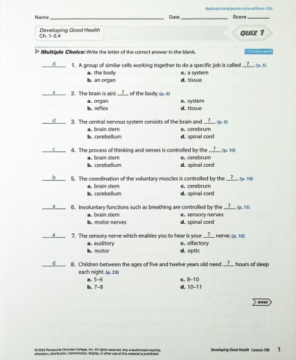 Abeka Developing Good Health Quiz and Test Key - Revised