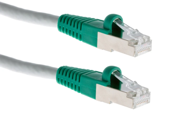 CAT-6 Shielded Crossover Ethernet Patch Cable, Half-Moon, Booted, Gray with Green Boots, 3.5', 730632-42000 REV B