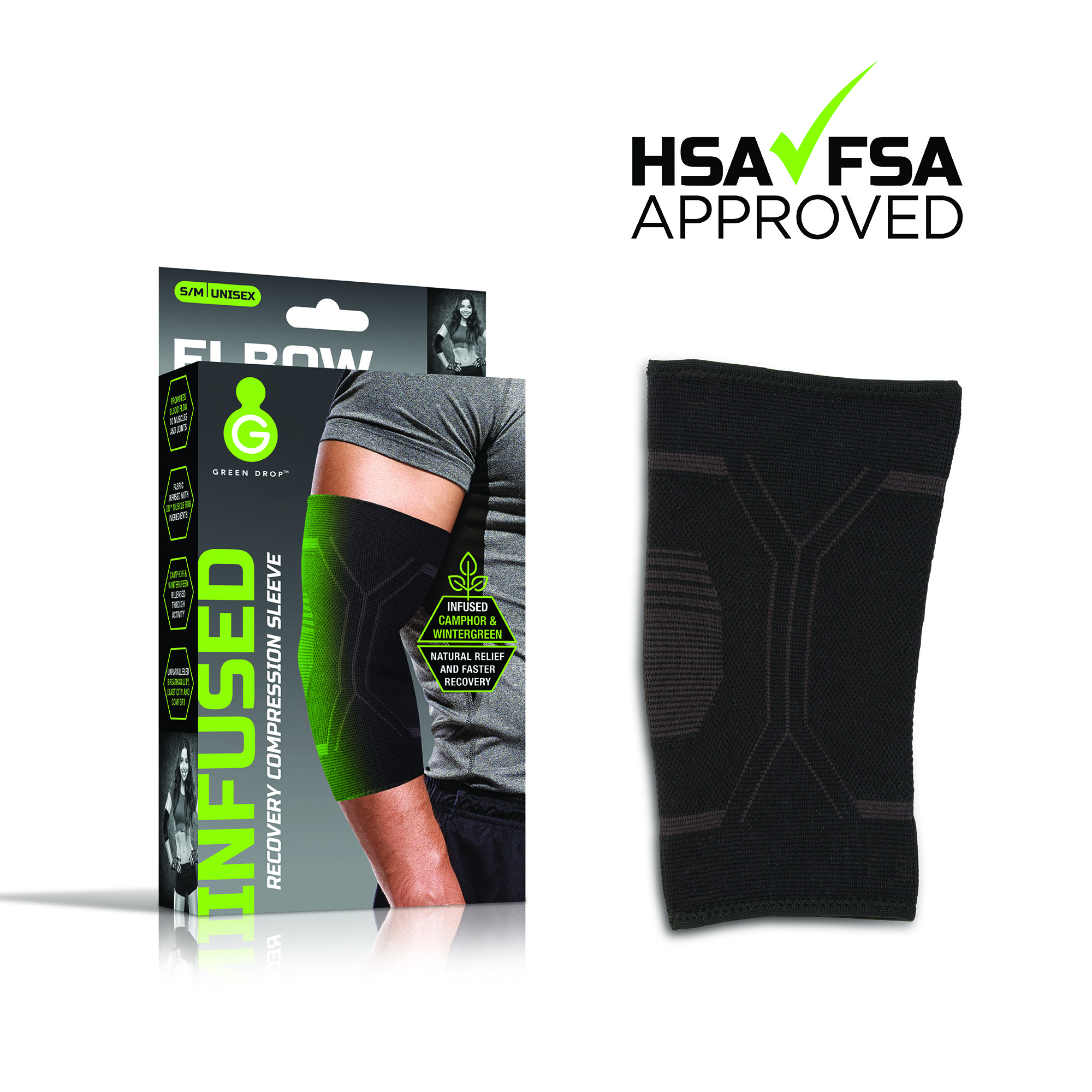 Green Drop Infused Compression Sleeve Elbow Support, Small/Medium MK 1230634
