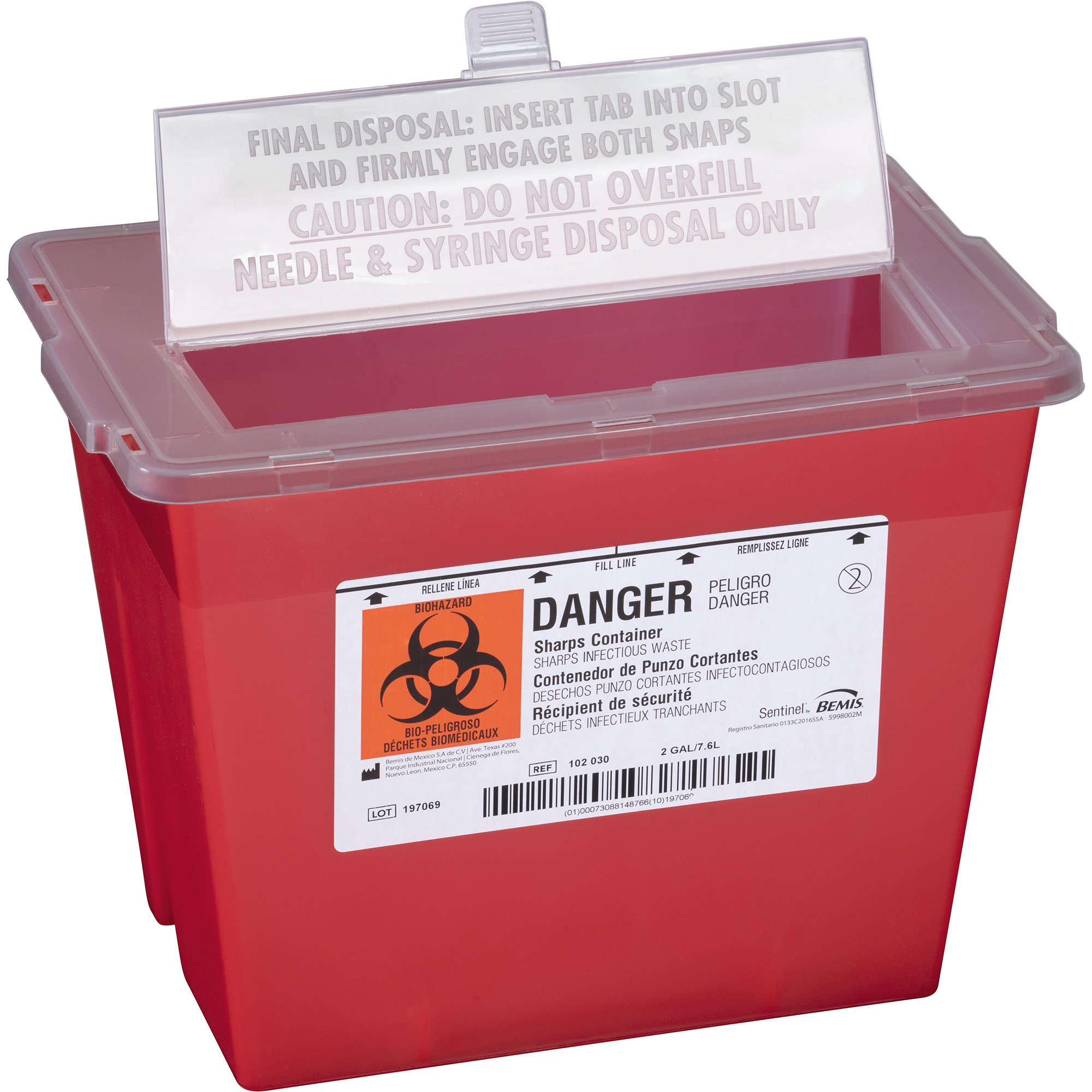 Bemis Sentinel Sharps Container, 2 Gallon, 8-5/8 x 11-5/8 x 7-3/4 Inch MK 337383