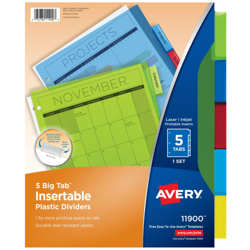 Avery Insertable Big Tab Plastic Dividers, 5 Tab, 11" x 8.5", Assorted