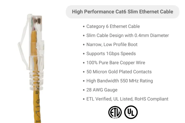 Cat6 Slim Ethernet Patch Cable, Snagless, 3 ft, Yellow Cat6 Slim Ethernet Patch Cable, Snagless, 3 ft, Yellow