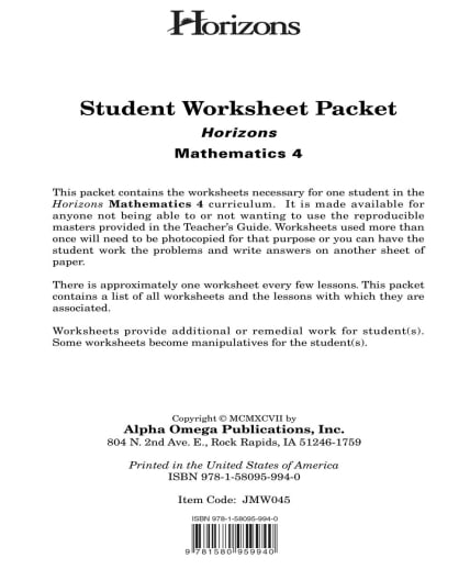 Horizons Math 4 Worksheet Packet
