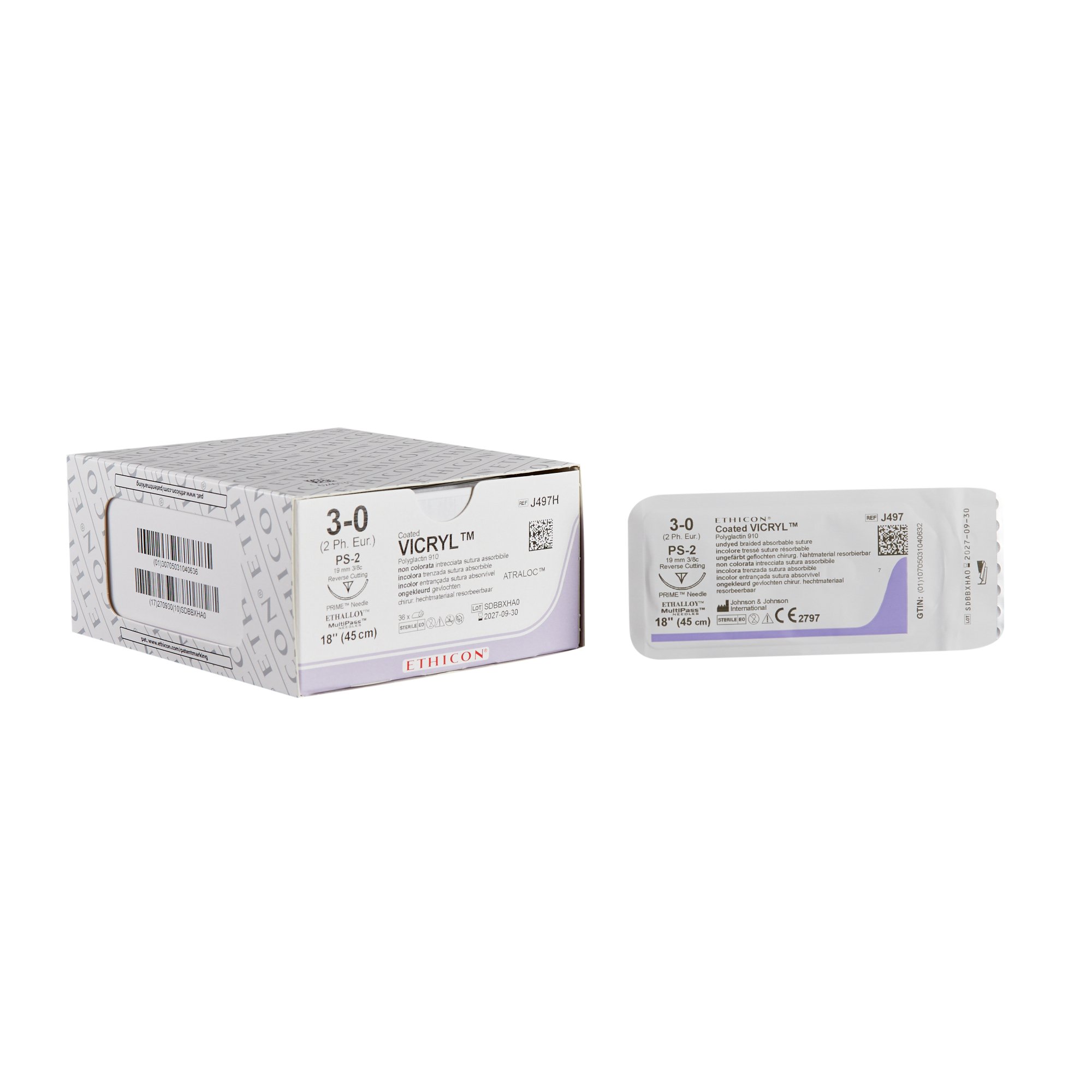 Absorbable Suture with Needle Coated Vicryl Polyglactin 910 PS-2 3/8 Circle Precision Reverse Cutting Needle Size 3-0 Braided MK 1074663
