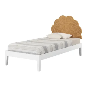 Wooden Bed and Rattan Wall-Mounted Shell Headboard Set