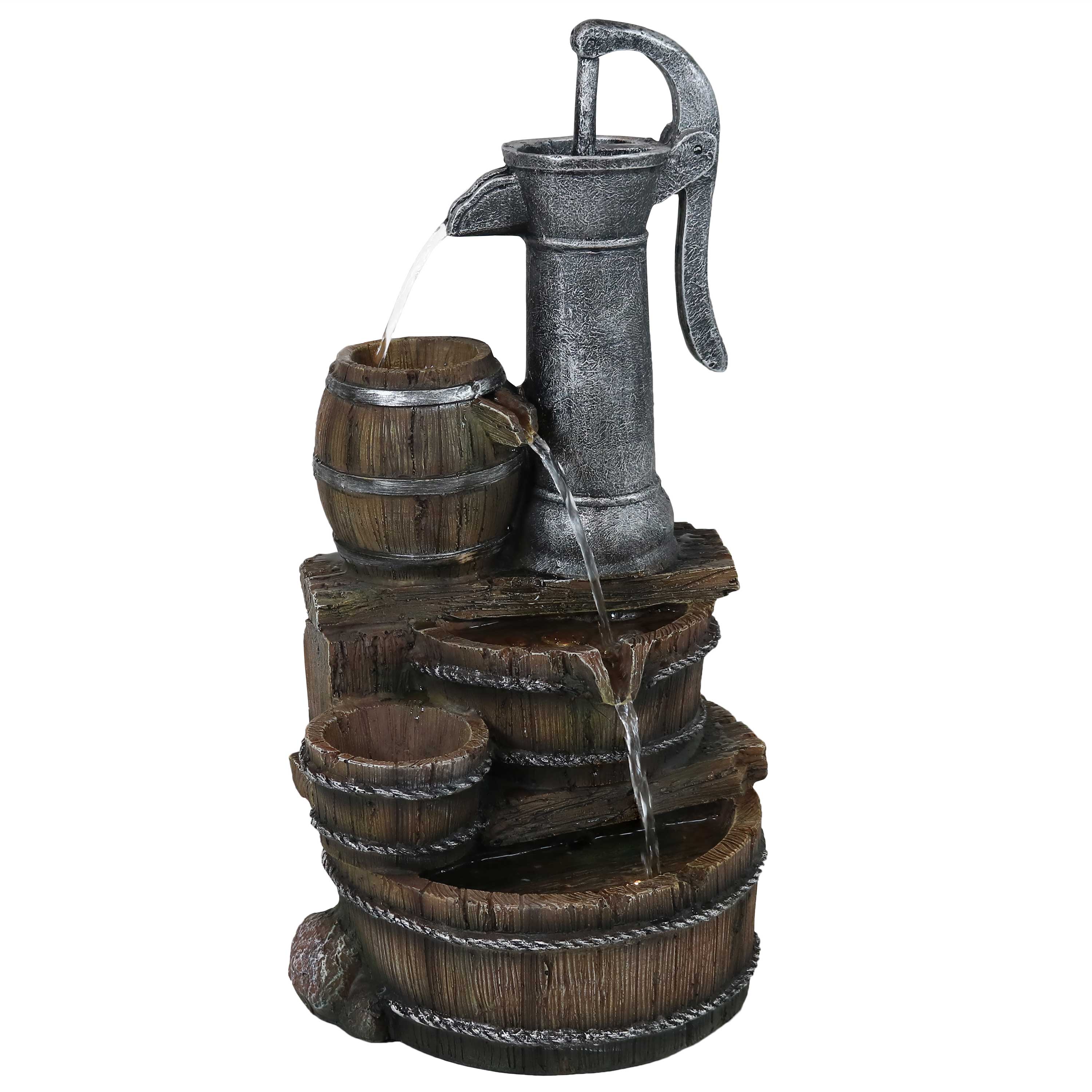 Sunnydaze Cozy Farmhouse Pump and Barrels Water Fountain with LED Lights - 23-Inch
