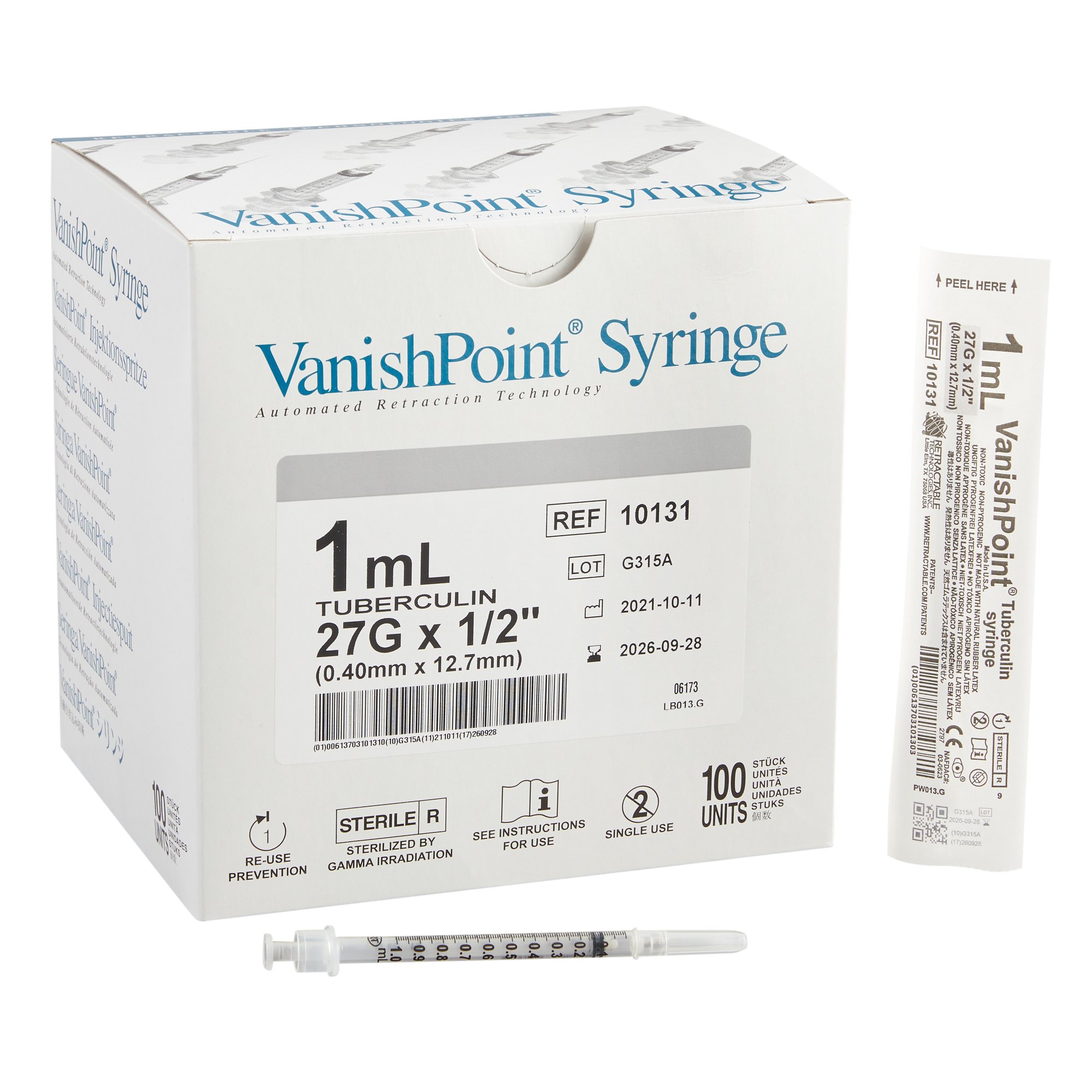 VanishPoint 1 mL Tuberculin Syringe with Needle, 27 Gauge, 1.5 Needle Length MK 416664