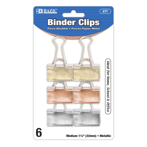 Binder Clips (1 1/4") 6 pack - Medium, Assorted Metallic Colors