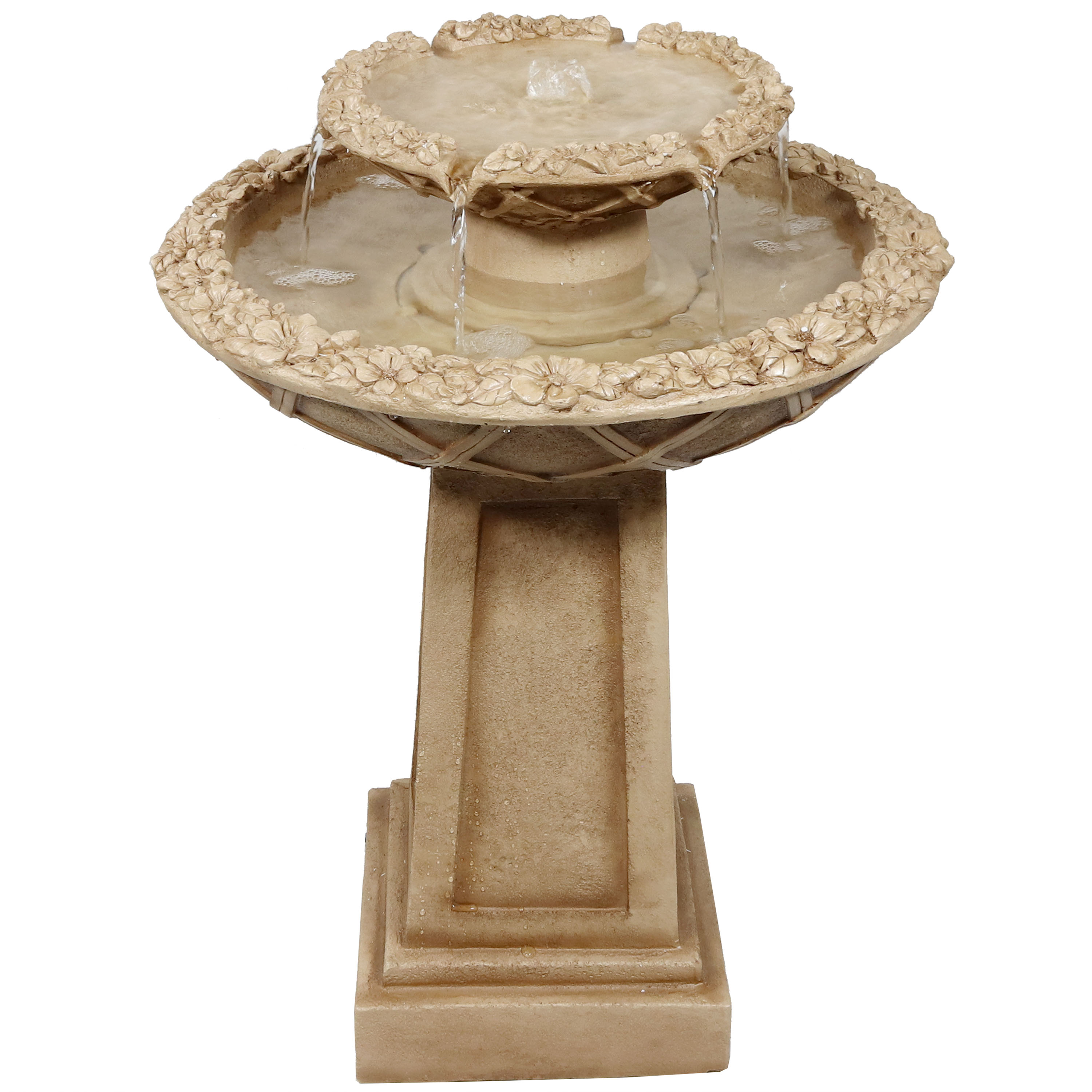 Sunnydaze 2-Tier Beveled Flower Birdbath Water Fountain - 28-Inch