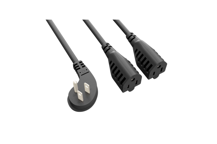 AC Power Cord, 2 Way Splitter, 5-15P Low Profile Angled to 5-15R x 2, 16AWG, 14in, Black