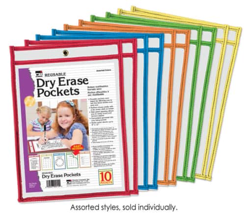 Dry Erase Pockets - Reusable, Easy Loading - single pocket (assorted color)