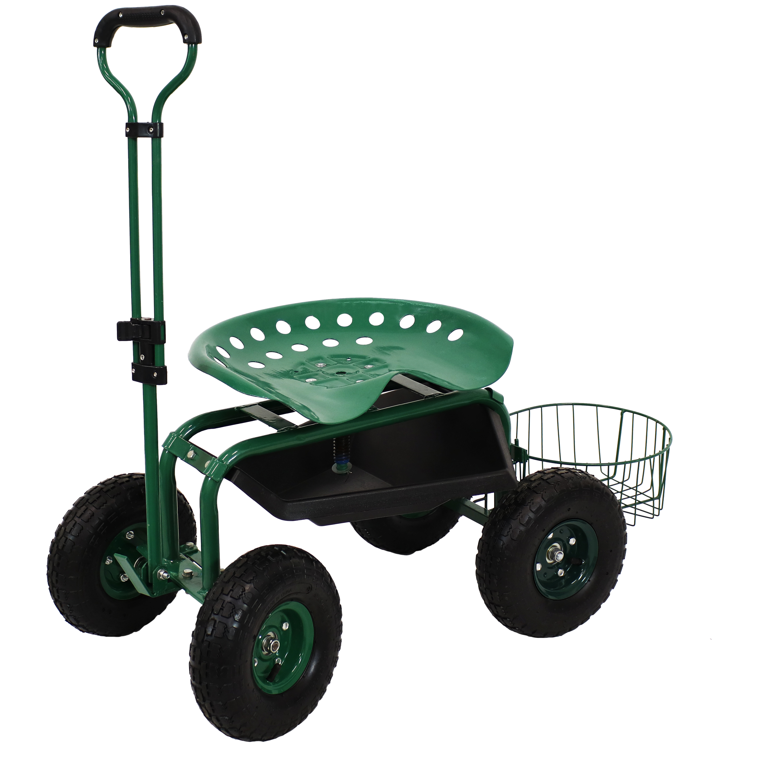 Sunnydaze Rolling Garden Cart with Extendable Steering Handle, Swivel Seat &amp; Planter Basket, Green
