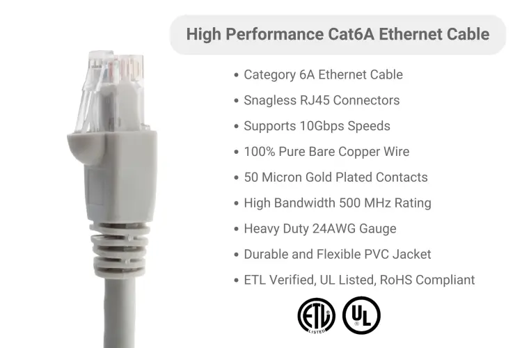 Cat6A Ethernet Patch Cable, Half-moon Boot, UTP, 1 ft, Gray