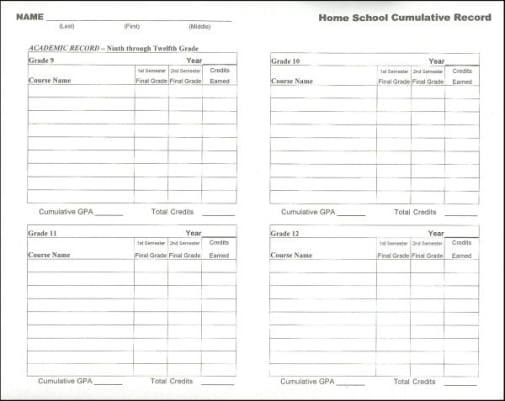Home School Cumulative Record