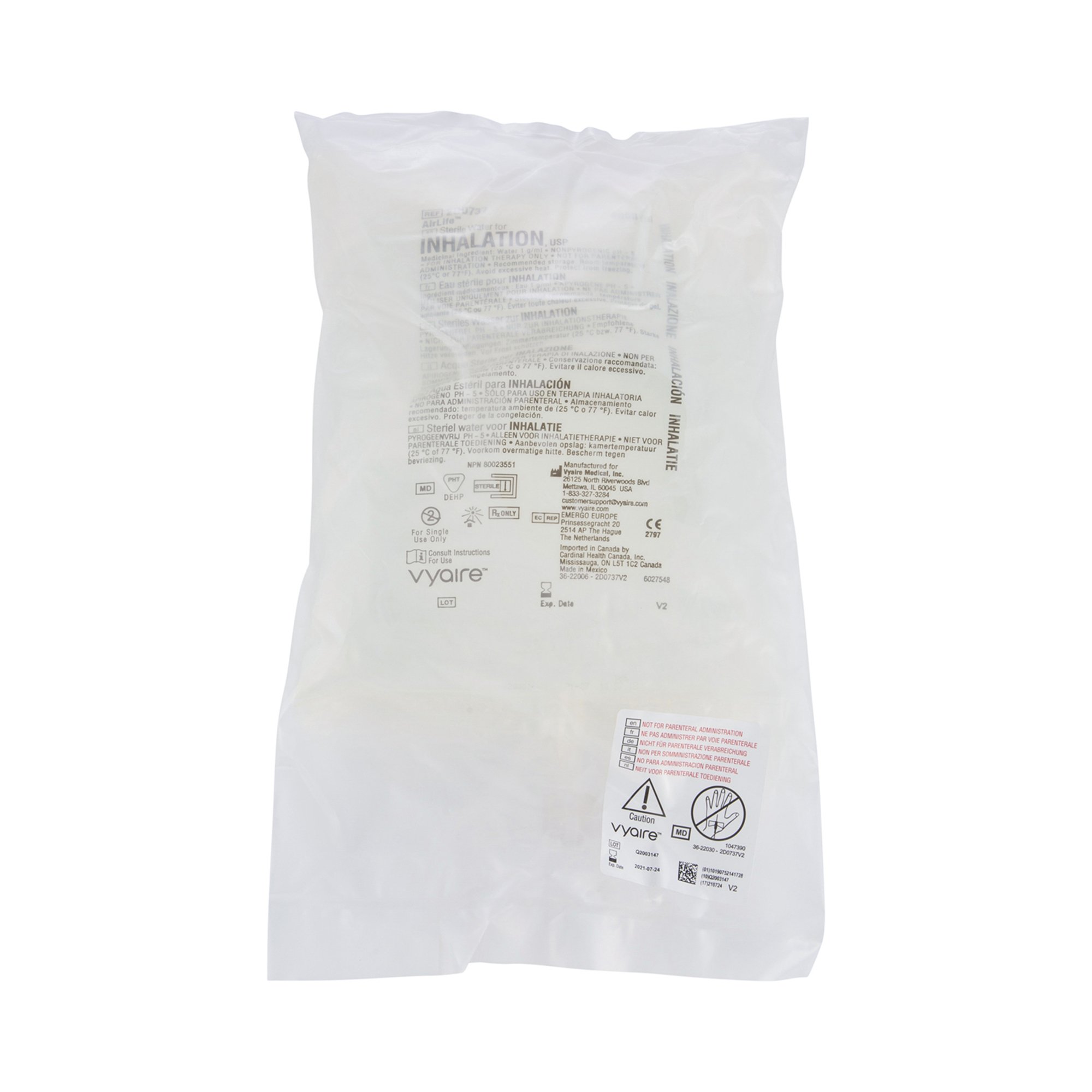 AirLife Respiratory Therapy Sterile Water Inhalation Solutions, Flexible Bag, 2000 mL MK 226724