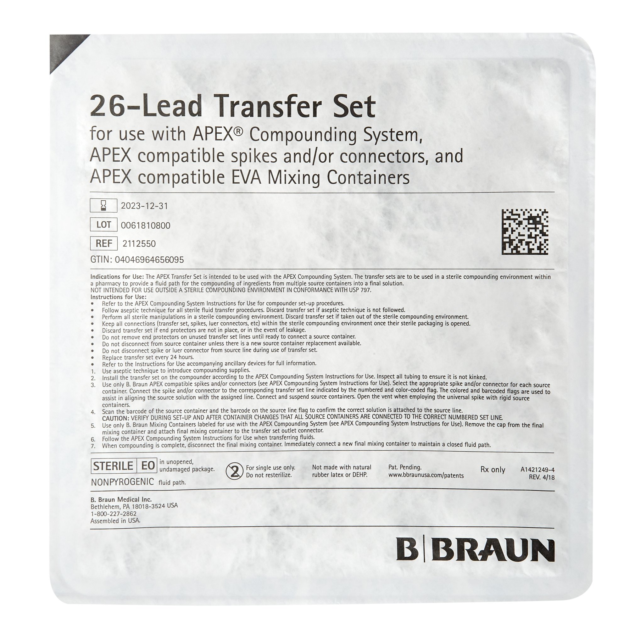 B. Braun Apex Transfer Set for use with Apex Compounding System MK 1020985