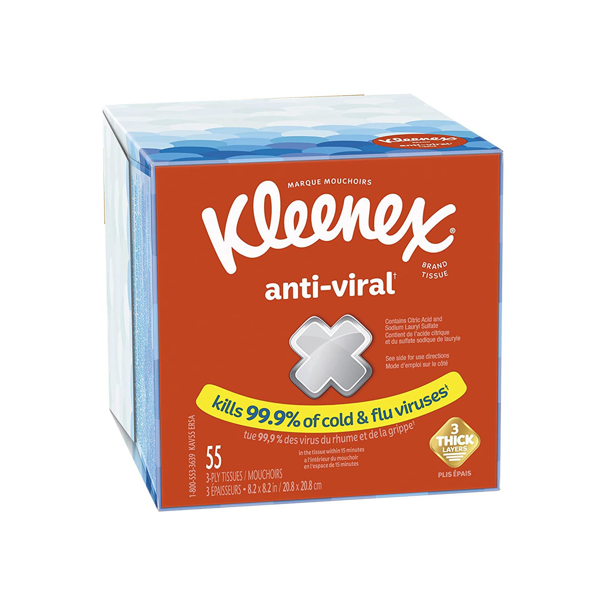 Facial Tissue Kleenex Anti-Viral White 8-1/5 X 8-1/5 Inch 55 Count MK 1209619