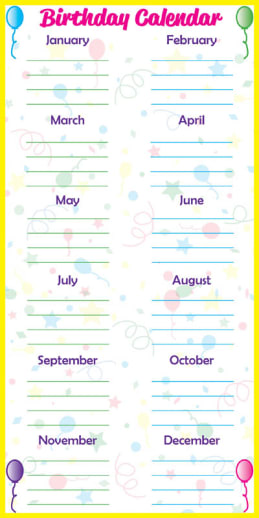 Low Tac Dry Erase Birthday Calendar Vertical (24" x 48")