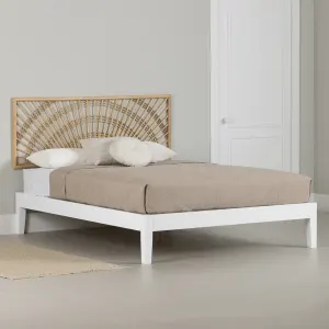 Wooden Bed and Rattan Wall-Mounted Sunrise Headboard Set