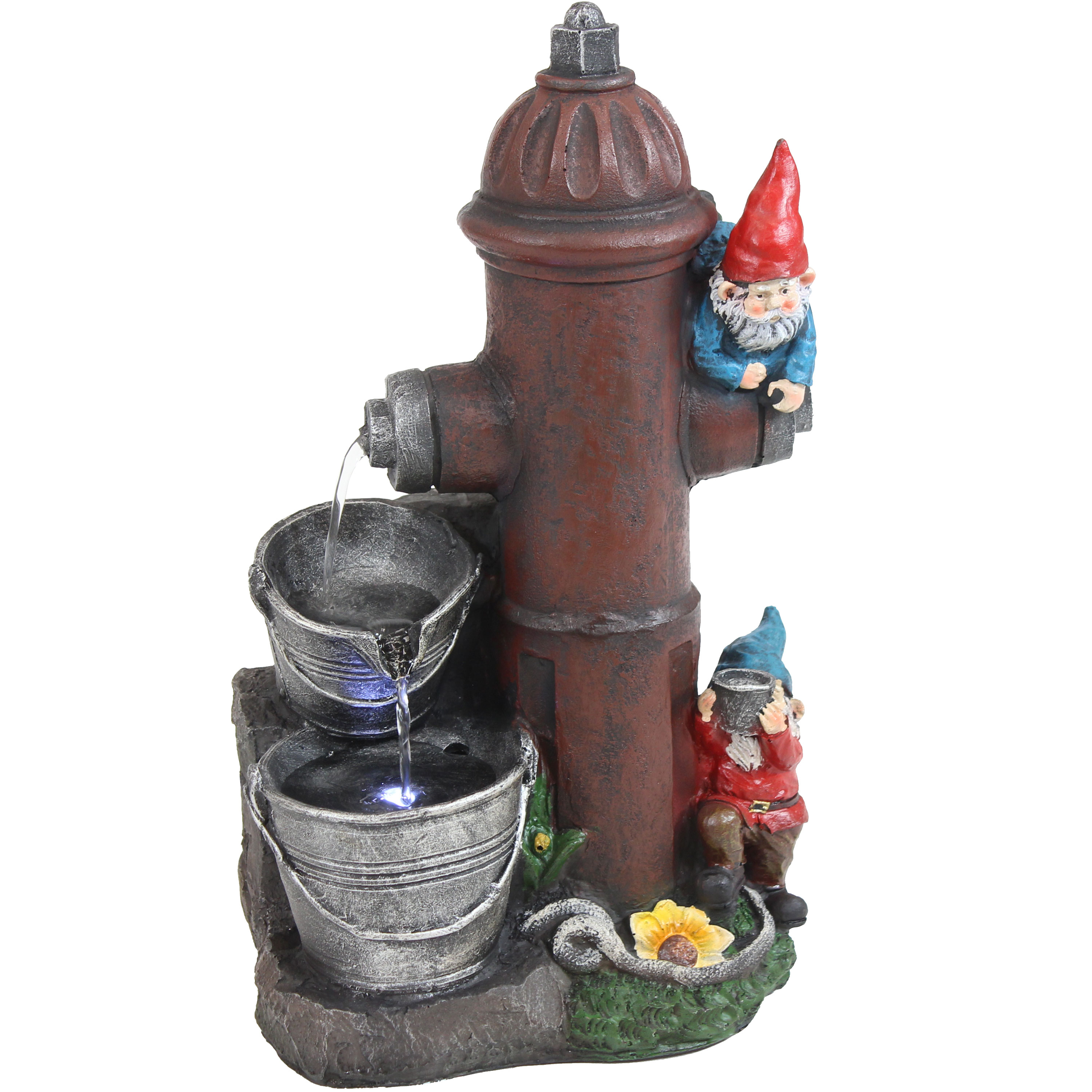 Sunnydaze Fire Hydrant Gnomes Outdoor Water Fountain with LED Light - 16-Inch