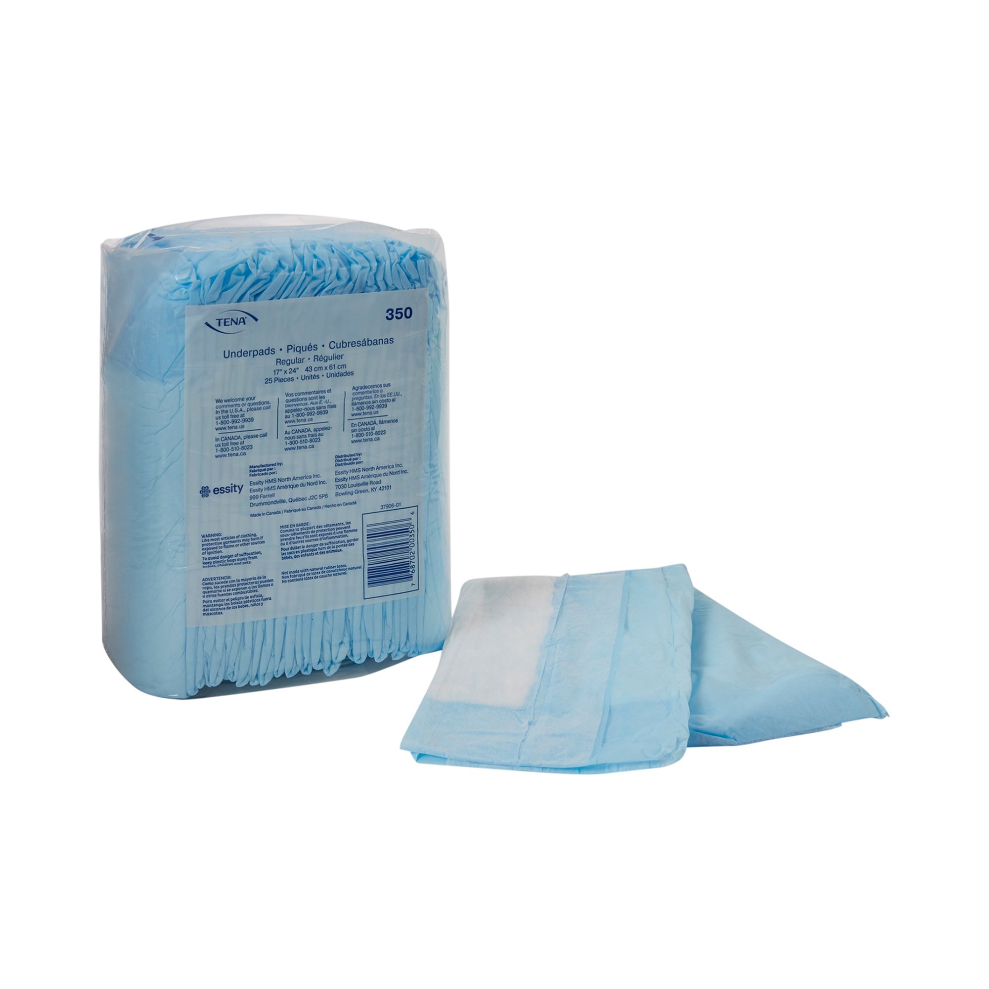TENA Regular Underpads, Light Absorbency, Blue, Disposable, Latex-Free MK 450009