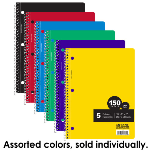 Spiral-Bound Wide Ruled 5-Subject Notebook 150 Sheets