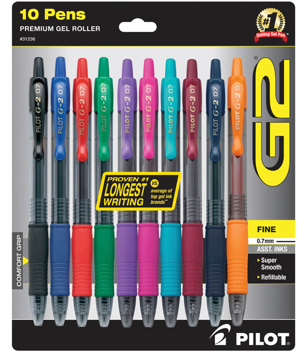 Pilot, G2 Premium Gel Roller Pens, Fine Point 0.7 mm, Assorted Colors, Pack  of 10