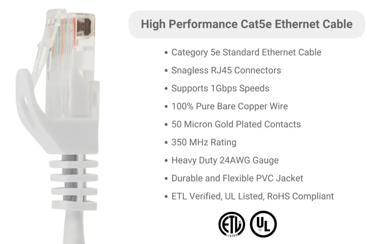 Cat5e Ethernet Patch Cable, Snagless, UTP, 5 ft, White Cat5e Ethernet Patch Cable, Snagless, UTP, 5 ft, White