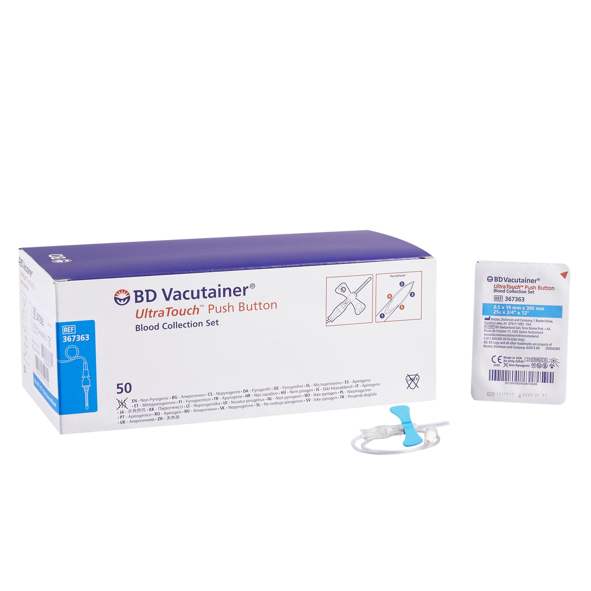 BD Vacutainer UltraTouch Push Button Blood Collection Set 25 Gauge 3/4 Inch Needle Length Safety Needle 12 Inch Tubing Sterile MK 1007257