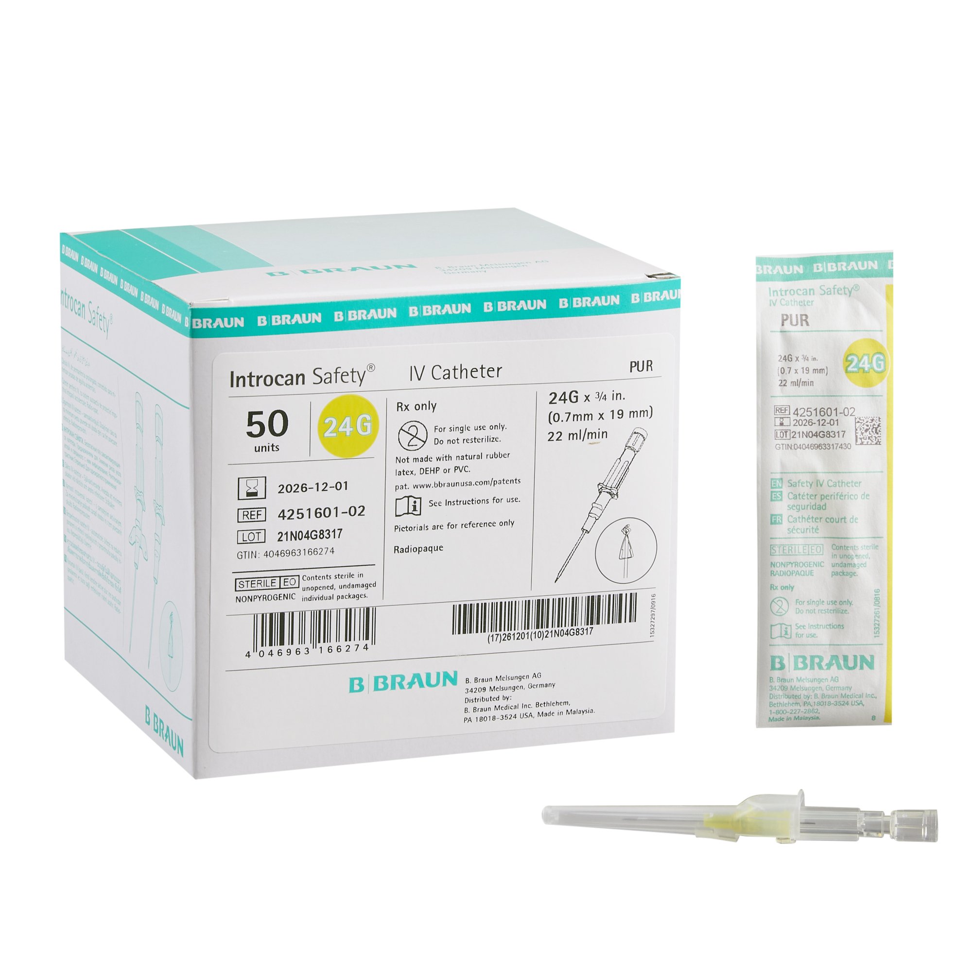 Introcan Safety Peripheral IV Catheter, 24 Gauge, Straight MK 762692