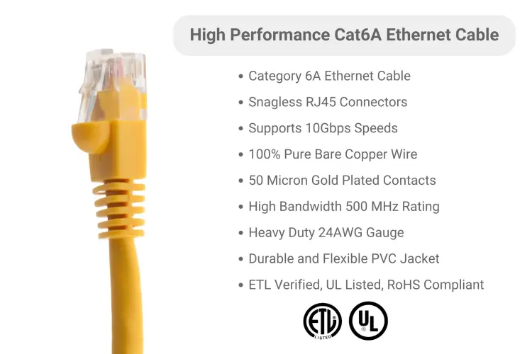 CAT6A Ethernet Patch Cable, Half-moon Boot, UTP, 2 ft, Yellow CAT6A Ethernet Patch Cable, Half-moon Boot, UTP, 2 ft, Yellow