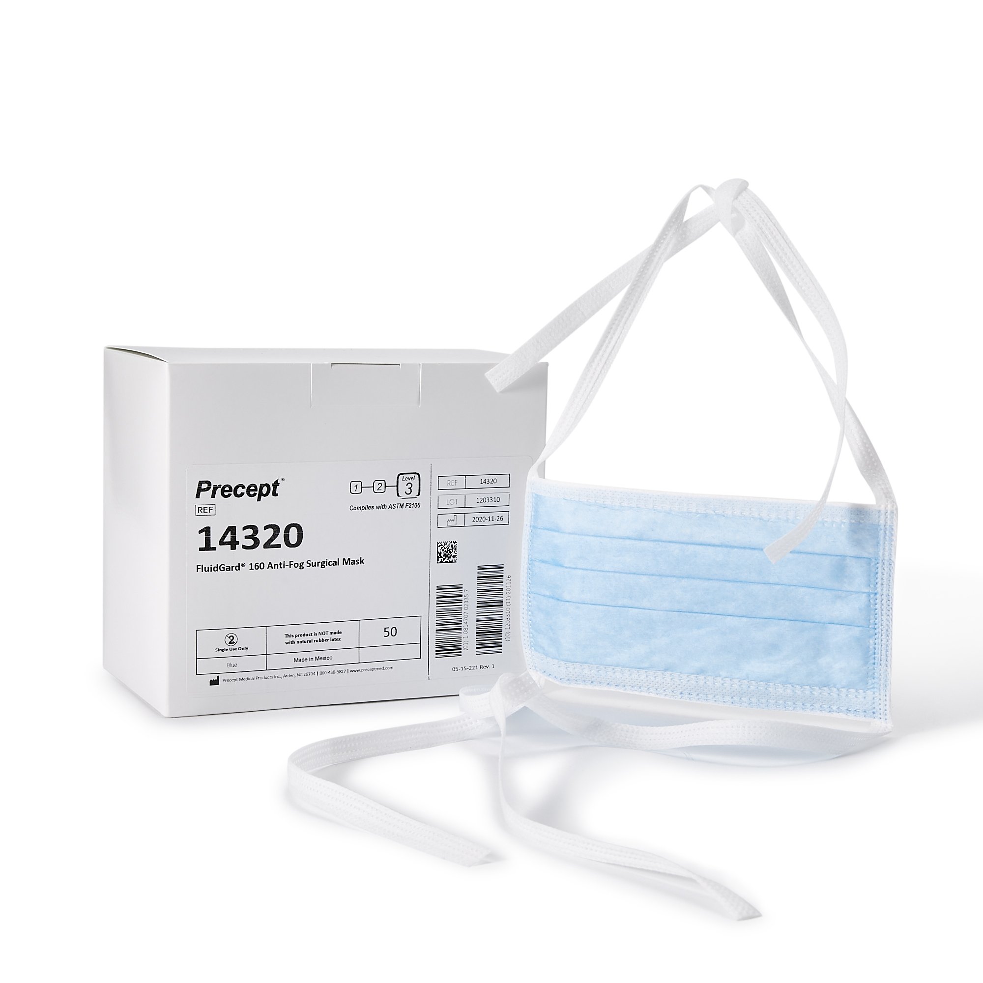 Surgical Mask Precept FluidGard 160 Anti-fog Foam ASTM Level 3 Tie Closure One Size Fits Most MK 1175042