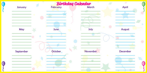 Low Tac Dry Erase Birthday Calendar Horizontal (48" x 24")