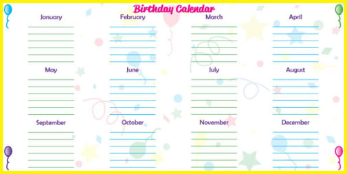 Low Tac Dry Erase Birthday Calendar Horizontal (48" x 24")