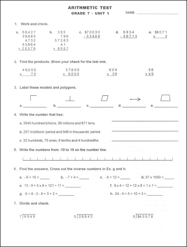 Study Time Arithmetic - Tests and Drills, Grade 7