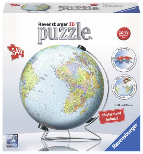 Ravensburger 3D Puzzle Globe with Display Stand (8.7" Diameter, 540 Pieces)