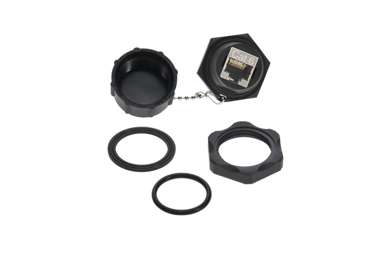 Cat6 RJ45 Shielded Industrial Panelmount Bulkhead Coupler with Dust Cap, Black Cat6 RJ45 Shielded Industrial Panelmount Bulkhead Coupler with Dust Cap, Black