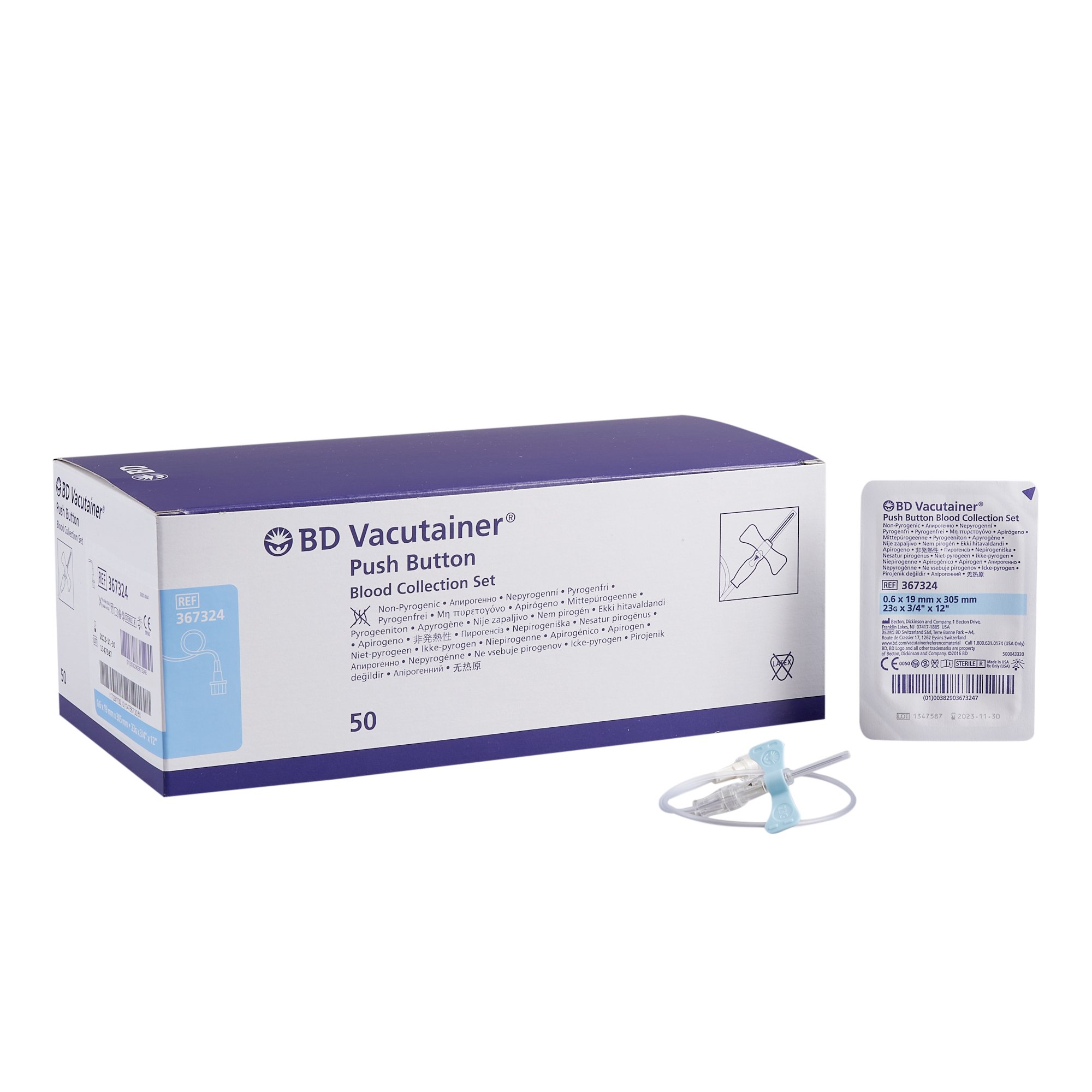 BD Vacutainer Push Button Blood Collection Set 23 Gauge 3/4 Inch Needle Length Safety Needle 12 Inch Tubing Sterile MK 542462