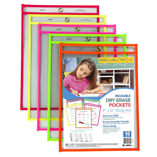 C-Line Reusable Dry Erase Pocket Assorted 10 Pack