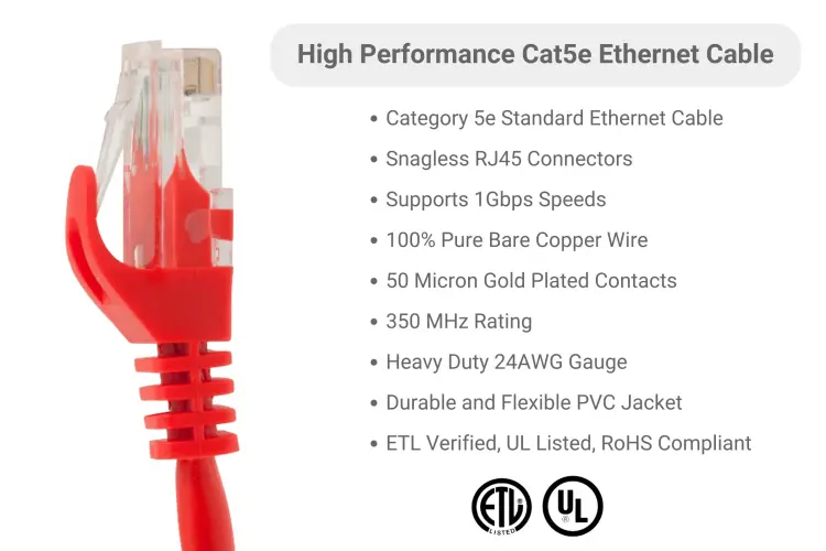 Cat5e Ethernet Patch Cable, Snagless, UTP, 7 ft, Red