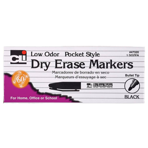 Dry Erase Marker, Pocket Style, Bullet Tip - Black (12 pack)